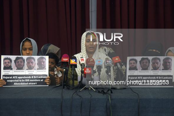 A family member of M.R.F. Shakeena, the wife of Mohammed Nafran (35), speaks at a media conference in Colombo, Sri Lanka, on December 12, 20...