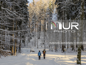 A couple walks through the snowy landscape near Bavarian Oberstdorf in Bavaria, Swabia, Oberallgau, Germany, on January 20, 2024. Oberstdorf...