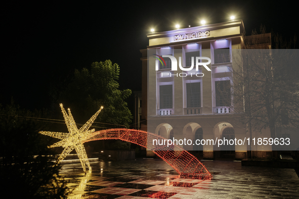 Christmas lights adorn the town hall in Cava de'Tirreni, Salerno, Italy, on December 11, 2024. 