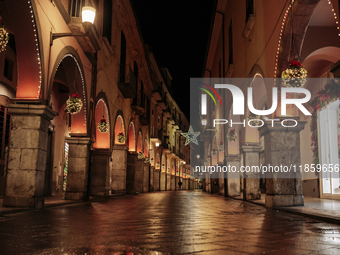 Christmas lights adorn the arcades and the city center in Cava de'Tirreni, Salerno, Italy, on December 11, 2024. (