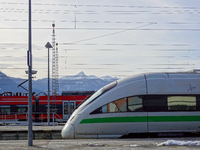 On November 24, 2024, in Garmisch-Partenkirchen, Bavaria, Germany, an ICE train with its sleek design stands next to a vibrant red Regional...