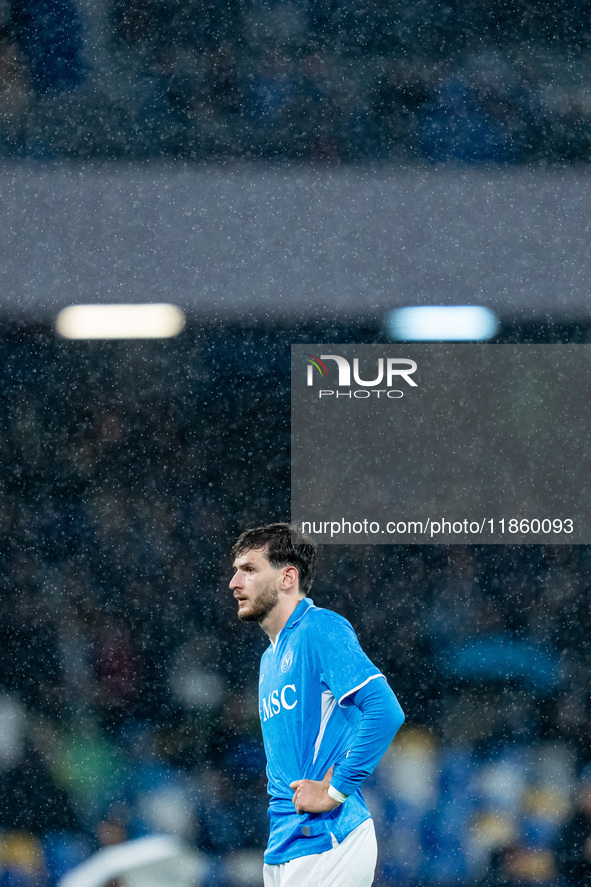 Khvicha Kvaratskhelia of SSC Napoli reacts in the rain during the serie Serie A Enilive match between SSC Napoli and SS Lazio at Stadio Dieg...