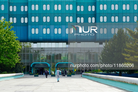 People stand in front of the Clinical Hospital Dubrava in Zagreb, Croatia, on April 28, 2023. The hospital ranks among the top medical facil...