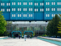 People stand in front of the Clinical Hospital Dubrava in Zagreb, Croatia, on April 28, 2023. The hospital ranks among the top medical facil...