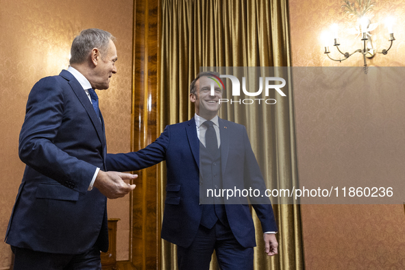 Prime Minister Donald Tusk (L) and French President Emmanuel Macron during a meeting at the Prime Minister's Office in Warsaw. The leaders w...