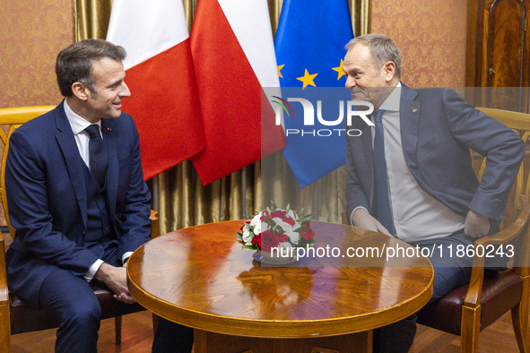 Prime Minister Donald Tusk (R) and French President Emmanuel Macron during a meeting at the Prime Minister's Office in Warsaw. The leaders w...