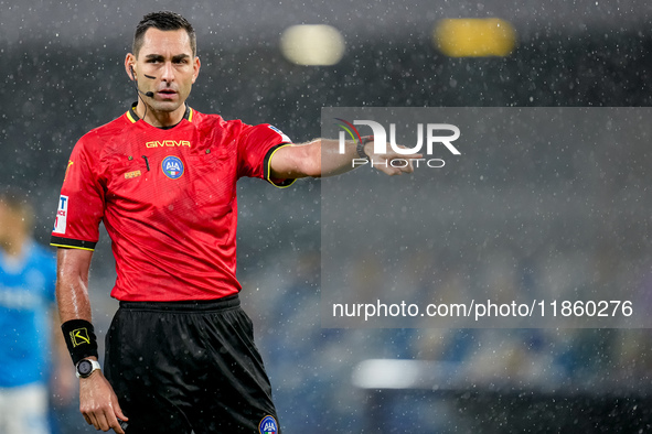 Referee Andrea Colombo gestures during the serie Serie A Enilive match between SSC Napoli and SS Lazio at Stadio Diego Armando Maradona on D...