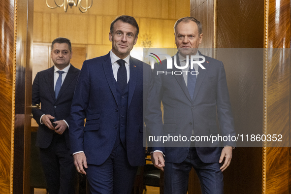 Prime Minister Donald Tusk (L) and French President Emmanuel Macron during a meeting at the Prime Minister's Office in Warsaw. The leaders w...