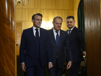 Polish Prime Minister Donald Tusk welcomes French President Emmanuel Macron in Warsaw, Poland, on December 11, 2024. (