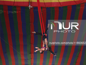 Trapeze artists perform during a show of the Ajanta Circus in Kolkata, India, on December 12, 2024. There are currently fewer than 30 circus...