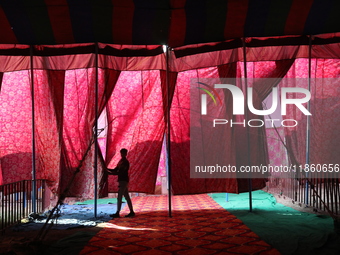 A circus artiste waits before a show of the Ajanta Circus in Kolkata, India, on December 12, 2024. There are currently fewer than 30 circuse...