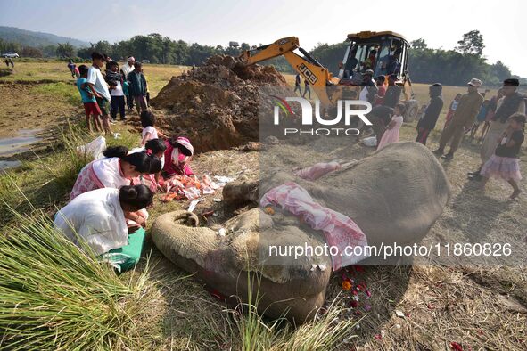 Women pray next to the carcass of a female elephant, who according to forest officials, dies of ill health in a paddy field, for its burial...