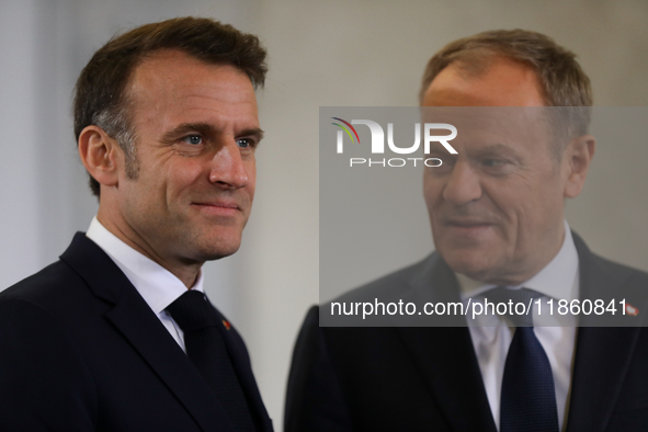 In Warsaw, Poland, on December 12, 2024, President of the French Republic Emmanuel Macron meets with Prime Minister of Poland Donald Tusk at...