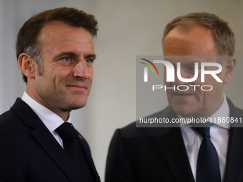 In Warsaw, Poland, on December 12, 2024, President of the French Republic Emmanuel Macron meets with Prime Minister of Poland Donald Tusk at...