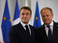 In Warsaw, Poland, on December 12, 2024, President of the French Republic Emmanuel Macron meets with Prime Minister of Poland Donald Tusk at...