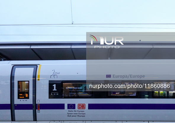 The sleek and modern ICE 517 train waits at Munich Pasing Station in Munich, Germany, on November 23, 2024. . 