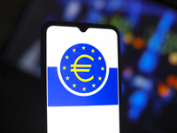 The European Central Bank (ECB) logo appears on the screen of a smartphone in Reno, United States, on December 12, 2024. The central bank is...