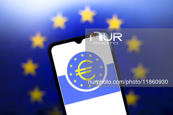 The European Central Bank (ECB) logo appears on the screen of a smartphone, and in the background, the flag of the European Union is visible...