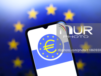 The European Central Bank (ECB) logo appears on the screen of a smartphone, and in the background, the flag of the European Union is visible...