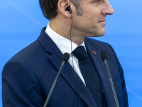 French President Emmanuel Macron speaking to the press after his meeting with Prime Minister Donald Tusk at the Prime Minister's Office in W...