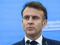 French President Emmanuel Macron speaking to the press after his meeting with Prime Minister Donald Tusk at the Prime Minister's Office in W...