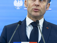 French President Emmanuel Macron speaking to the press after his meeting with Prime Minister Donald Tusk at the Prime Minister's Office in W...