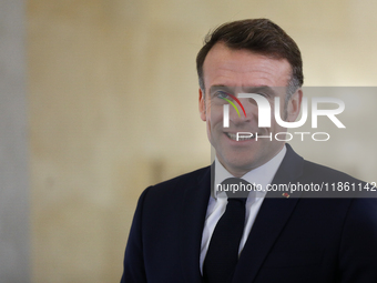 French President Emmanuel Macron meets with Polish Prime Minister Donald Tusk at the Chancellery of the Prime Minister in Warsaw, Poland, on...