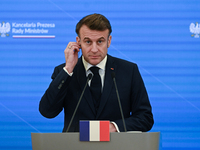 WARSAW, POLAND - DECEMBER 12:
French President Emmanuel Macron delivers remarks during a joint press conference with Polish Prime Minister D...