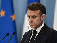 WARSAW, POLAND - DECEMBER 12:
French President Emmanuel Macron during a joint press conference with Polish Prime Minister Donald Tusk at the...