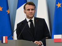 WARSAW, POLAND - DECEMBER 12:
French President Emmanuel Macron during a joint press conference with Polish Prime Minister Donald Tusk at the...