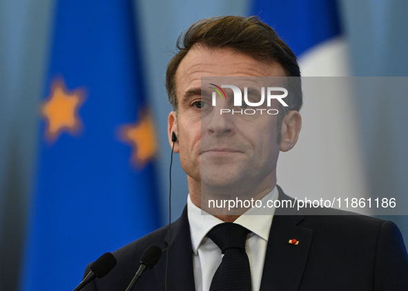 WARSAW, POLAND - DECEMBER 12:
French President Emmanuel Macron during a joint press conference with Polish Prime Minister Donald Tusk at the...