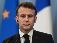 WARSAW, POLAND - DECEMBER 12:
French President Emmanuel Macron during a joint press conference with Polish Prime Minister Donald Tusk at the...