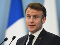 WARSAW, POLAND - DECEMBER 12:
French President Emmanuel Macron during a joint press conference with Polish Prime Minister Donald Tusk at the...