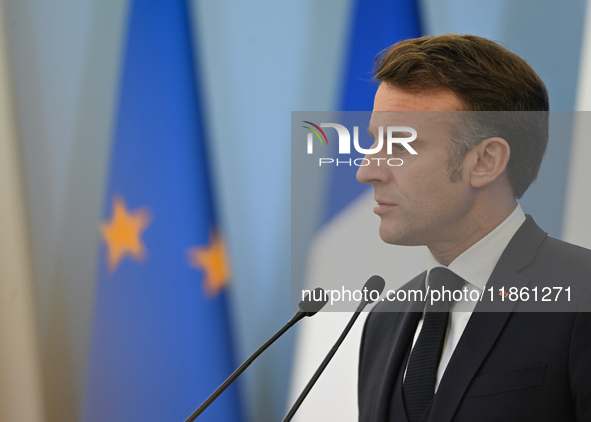 WARSAW, POLAND - DECEMBER 12:
French President Emmanuel Macron during a joint press conference with Polish Prime Minister Donald Tusk at the...