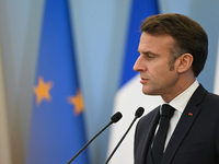 WARSAW, POLAND - DECEMBER 12:
French President Emmanuel Macron during a joint press conference with Polish Prime Minister Donald Tusk at the...