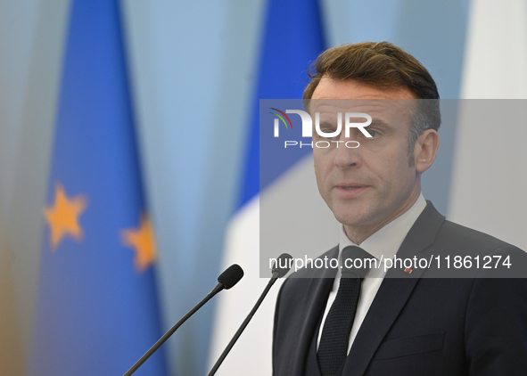 WARSAW, POLAND - DECEMBER 12:
French President Emmanuel Macron during a joint press conference with Polish Prime Minister Donald Tusk at the...