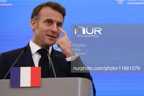 French President Emmanuel Macron meets with Polish Prime Minister Donald Tusk at the Chancellery of the Prime Minister in Warsaw, Poland, on...