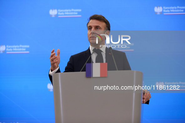 French President Emmanuel Macron meets with Polish Prime Minister Donald Tusk at the Chancellery of the Prime Minister in Warsaw, Poland, on...