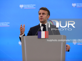 French President Emmanuel Macron meets with Polish Prime Minister Donald Tusk at the Chancellery of the Prime Minister in Warsaw, Poland, on...