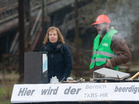 A coffin with ''Here is the mourning for TKBS HR'' is seen as a hundred Thyssenkrupp Europe Steel workers march against planned job cuts bef...