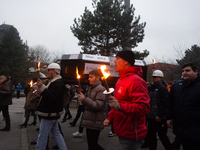 A hundred Thyssenkrupp Europe Steel workers march with a coffin against planned job cuts before heading to the Works Council meeting in Duis...