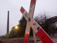 A general view of Duisburg Industry Park as a hundred Thyssenkrupp Europe Steel workers march with a coffin against planned job cuts before...