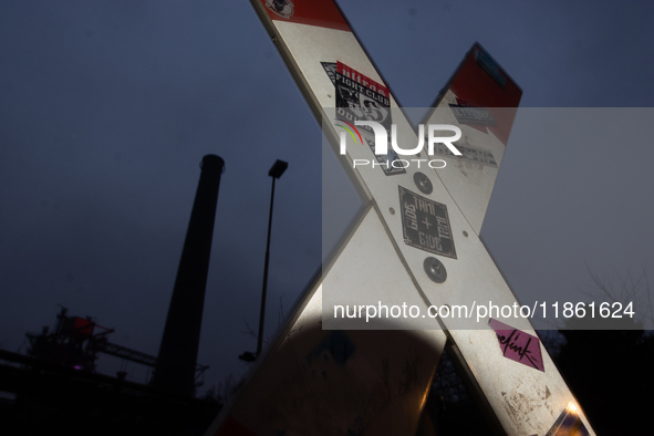 A general view of Duisburg Industry Park as a hundred Thyssenkrupp Europe Steel workers march with a coffin against planned job cuts before...