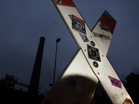 A general view of Duisburg Industry Park as a hundred Thyssenkrupp Europe Steel workers march with a coffin against planned job cuts before...