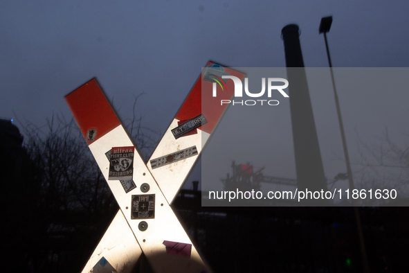 A general view of Duisburg Industry Park as a hundred Thyssenkrupp Europe Steel workers march with a coffin against planned job cuts before...