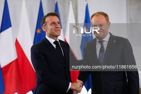 In Warsaw, Poland, on December 12, 2024, French President Emmanuel Macron meets with Polish Prime Minister Donald Tusk at the Chancellery of...