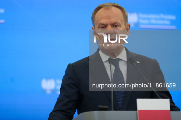 In Warsaw, Poland, on December 12, 2024, Prime Minister of Poland Donald Tusk meets with President of the French Republic Emmanuel Macron at...