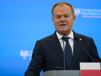 In Warsaw, Poland, on December 12, 2024, Prime Minister of Poland Donald Tusk meets with President of the French Republic Emmanuel Macron at...