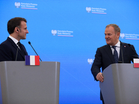 In Warsaw, Poland, on December 12, 2024, President of the French Republic Emmanuel Macron meets with Prime Minister of Poland Donald Tusk at...