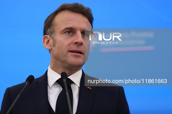 In Warsaw, Poland, on December 12, 2024, French President Emmanuel Macron meets with Polish Prime Minister Donald Tusk at the Chancellery of...